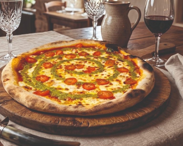 Pizza Margherita (CasaPizza Aurillac) Pizza artisanale Margherita avec filet de pesto de basilic et tomates cerises