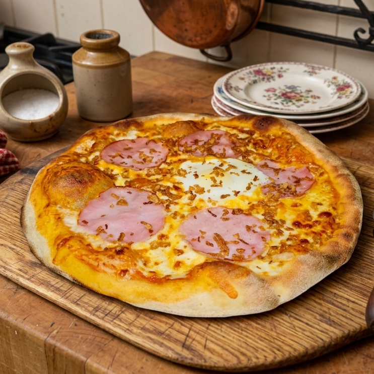 Pizza l'Anglaise L'Anglaise, pizza au bacon, œuf et oignons frits dans un décor de cuisine à l'anglaise